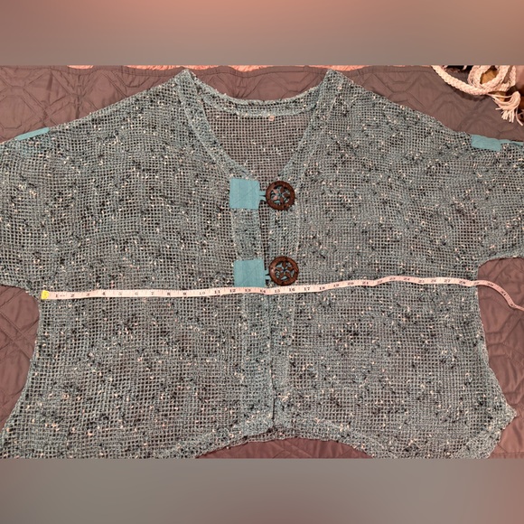 Unique Teal Knit Cardigan Overpiece with Wood Button Details - Picture 8 of 8